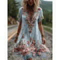 Light blue V-neck dress with 3D pink floral embroidery and metallic trim detail - S / V-Neck Sequin Blue (SJWJL-VDQ-07)