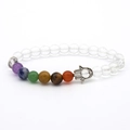 Detailansicht eines handgefertigten Chakra-Perlenarmbands mit silbernem Hamsa-Anhänger - Bergkristall Hamsa Armband