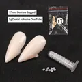 17mm Halloween vampire fangs set with 5g solid adhesive pellets on dark fabric - 17mm Fangs + 5g Adhesive Set