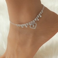Bracelet de cheville élégant en argent avec cœur en strass et détails en cristaux - Style Cœur