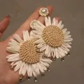 Detail of woven sunflower earrings with pearls and crystal drops in bohemian style - 925 Sterling Silver Earring Post Gold White Brown Daisy (10#)
