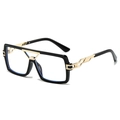 Black square oversized sunglasses with gold hollow metal bridge and blue light lenses - Black Frame