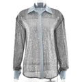 Women's retro loose long sleeve shirt with silver sequins and blue striped collar - S / Silver Top