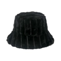 Detail of black faux fur bucket hat featuring soft plush texture and vertical stripes - Black