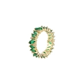 Makro-Detail eines 18K vergoldeten Rings mit grünem Zirkonia im Smaragdschliff und Diamanten - Einheitsgröße (Einstellbar offen) / Grün