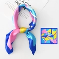Silk-like square scarf with pink and blue abstract leopard print in knotted and flat view - 13-Colorful Abstract / 50*50CM