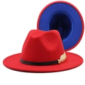 Detail of red and blue two-tone wool fedora featuring a black band with gold feather buckle - M (56-58cm) / Red+Royal Blue