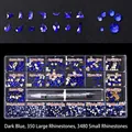 Dark blue nail art rhinestone set with varied shapes, storage box and picking pen - Deep Blue (350 Big, 3480 Small)