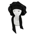 Close-up of black satin sleep bonnet with wide elastic headband and long adjustable straps - Black