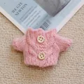 Pink knit doll sweater with cable stitch and white buttons for Labubu cotton dolls - Pink Button Sweater (Wood Button)