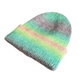 Rainbow gradient tie-dye knit beanie for women featuring pink and yellow yarn tones - Green Pink Purple Gradient