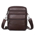 Men's dark brown leather crossbody bag with multiple zippers and pebble grain texture - Style 204 / Dark Brown