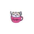 Cute enamel pin featuring a white cat in a pink hungry cup with cutlery design - Pink Cup White Cat Hungry (C1958-14)