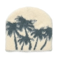 Detail of soft cream faux mink beanie featuring charcoal palm tree jacquard pattern - M(56-58cm) / Beige