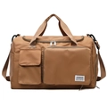 Brown nylon duffel bag with separate shoe compartment and adjustable shoulder strap - Khaki