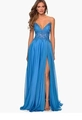 Detailed view of royal blue chiffon evening gown featuring lace applique and a high slit - US size 2 / Blue