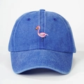 Faded blue denim baseball cap featuring a detailed pink flamingo embroidery on the front - One Size / Sapphire Blue