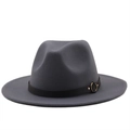 Macro shot of dark grey wool fedora hat with black leather band and gold metal hardware - M (56-58cm) / Dark Grey