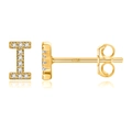 Macro shot of S925 sterling silver I-letter stud earring with white cubic zirconia crystals - Gold I