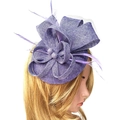 Elegant purple sinamay fascinator with layered flower design and delicate feathers - Purple