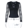 Close-up of black V-neck lace patchwork top with long sleeves and delicate bow detail - S / Black