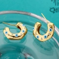 Goldene C-förmige Ohrringe mit blauem Evil Eye Emaille und weißen Zirkonia - Blau
