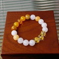 Chinese style beaded bracelet with agate stones and golden lucky symbols - 72# Lucky Bead Bracelet (Yellow & Creamy White) with Gift Box