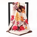 Elegant ivory satin square scarf with colorful floral print and dark brown borders - Rich Peony Coffee Edge Red Flower (SD90-23-2)