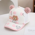 Detail of pink polka dot kids baseball cap with breathable mesh and cute 3D bear ears - 50cm (1-3 Years) / Pink