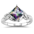Fashionable silver ring featuring a square rainbow zircon and twisted pave crystal band - US 8