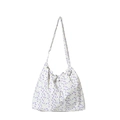 Bolso de hombro floral con cordón y motivos de flores violetas y amarillas en tela blanca - Morado