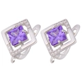 Macro detail of silver square earrings with a purple gemstone and clear zircon accents - Silver Purple Zircon Square (Style 16)