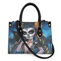 Black PU handbag with Halloween sugar skull art and black cat print, gold hardware - Skull Girl Black Cat Sunflower - Black Strap