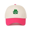 Detailed green clover embroidery with lucky text on beige cotton trucker cap brim - Adjustable / Cream/Rose Red