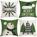 Set of 4 Christmas linen throw pillow covers with snowflakes, snowman and winter patterns - Green Beige Winter