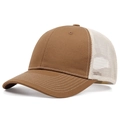 Brown canvas and white mesh trucker hat shown from a 45-degree angle on plain background - Adjustable / Khaki