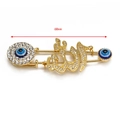 Golden Evil Eye brooch with Allah calligraphy and white rhinestones in a 68mm length - Gold Allah Script - Hamsa Hand
