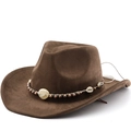 Sombrero de vaquero bohemio en gamuza marrón con detalles de conchas y ámbar - M (56-58cm) / café