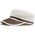 Flat top military cap in beige canvas with brown leather brim and star embroidery - White