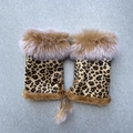 Plush leopard print fingerless gloves with faux fur trim and pom-pom drawstrings - One Size / Leopard Camel
