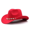 Detailed view of red felt cowboy hat featuring a white seashell decorative band - Red
