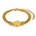 Vintage 18K gold plated double chain bracelet with queen relief coin and lobster clasp - Gold