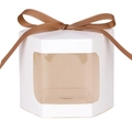 White hexagonal gift box with transparent window and brown satin ribbon bow - White