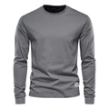 Detailed texture of gray long-sleeve cotton T-shirt showing fabric quality and neck label - Dark Gray