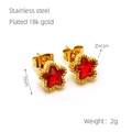 Gold plated 18k stainless steel star stud earrings with a red zircon center - Red