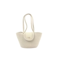 Beige woven straw tote bag with pearl buckle closure and slim shoulder straps - 39*24cm / Pearl Beige