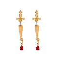 Gothic gold sword earrings featuring a vintage red water drop gem and dagger design - KC Gold / Red Drop Gem