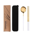 Golden stainless steel cutlery set with white handles and black travel case - White Gold Spoon Chopsticks 2-Piece Set - Black Box