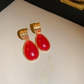 Vintage style gold earrings with large red teardrop pendants on beige leather background - 46# Silver Post - Red