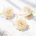 Three large artificial white rose heads with green sepals for wedding DIY crafts - Off White